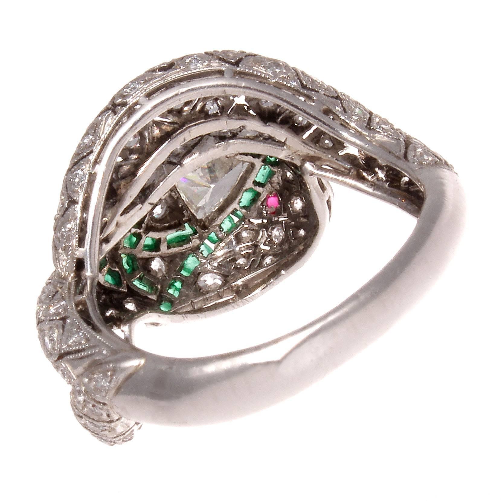 Art Deco Emerald Ruby Diamond Platinum Snake Ring