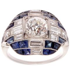 Old European 1.05 Carat Diamond Sapphire Platinum Engagement Ring 6