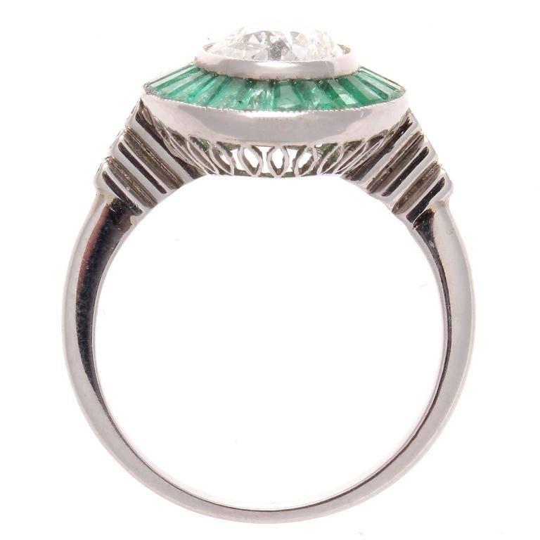 Art Deco Old European Cut 1.53 Carat Diamond Emerald Platinum Engagement Ring