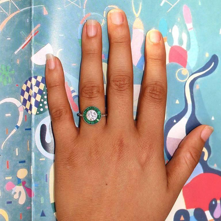 Women's Old European Cut 1.53 Carat Diamond Emerald Platinum Engagement Ring