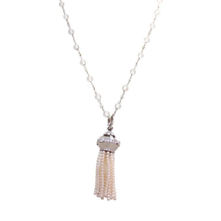 Art Deco Elegant Rock Crystal Diamond Pearl Platinum Tassel Necklace