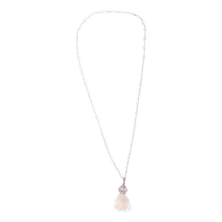 Elegant Rock Crystal Diamond Pearl Platinum Tassel Necklace In Excellent Condition In Beverly Hills, CA