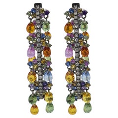 Pendientes de aro contemporáneos de oro blanco de 18 quilates con diamantes y piedras multicolores