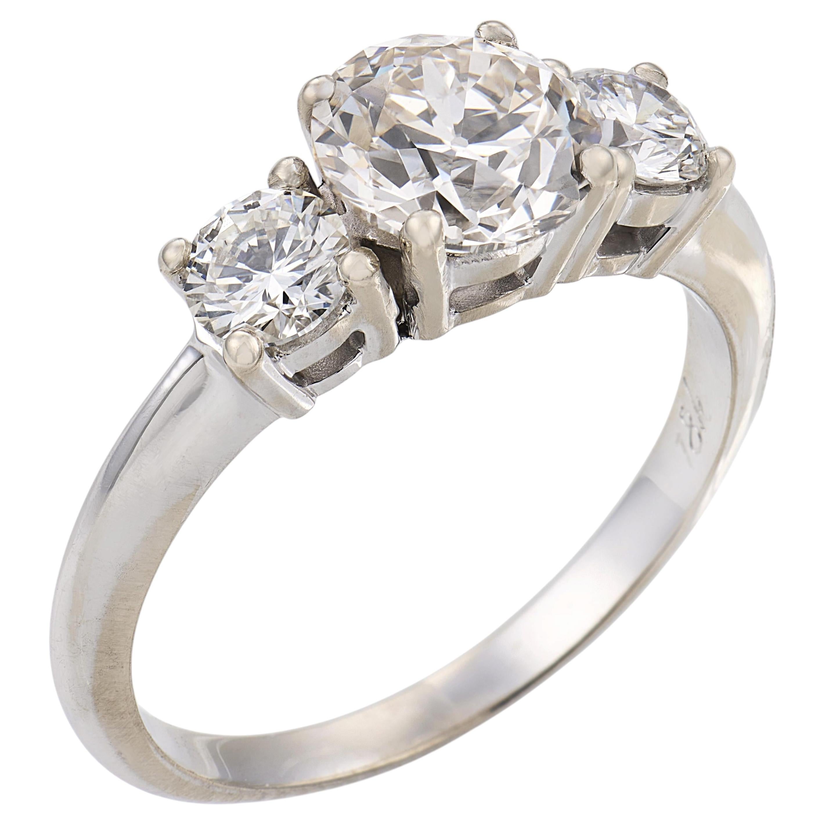Mid Century GIA 1.12 carat diamond 18k white gold three stone ring
