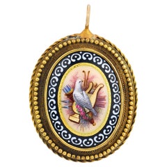 Victorian 18k yellow gold enamel dove lyre pendant