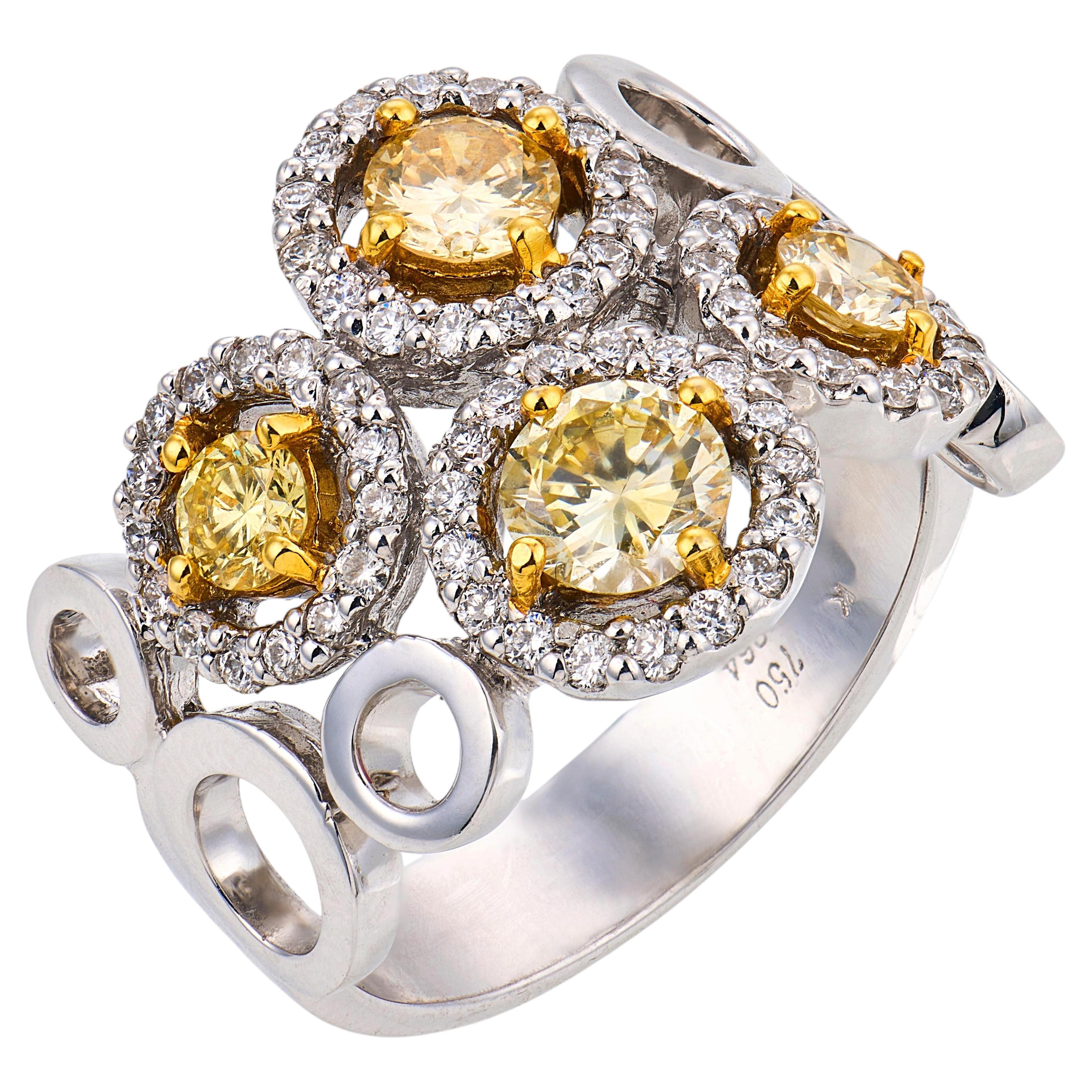 Contemporary 1.40 carat yellow and white diamond 18k white gold ring