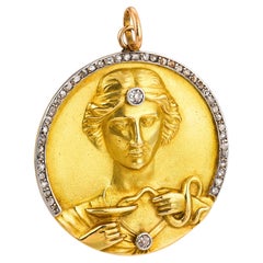 Art Nouveau diamond 18k yellow gold silver pendant