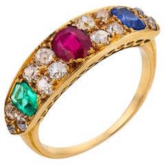 Bague victorienne en or jaune 18 carats, sertie d'une émeraude de 2,20 carats, d'un rubis, d'un saphir et de diamants
