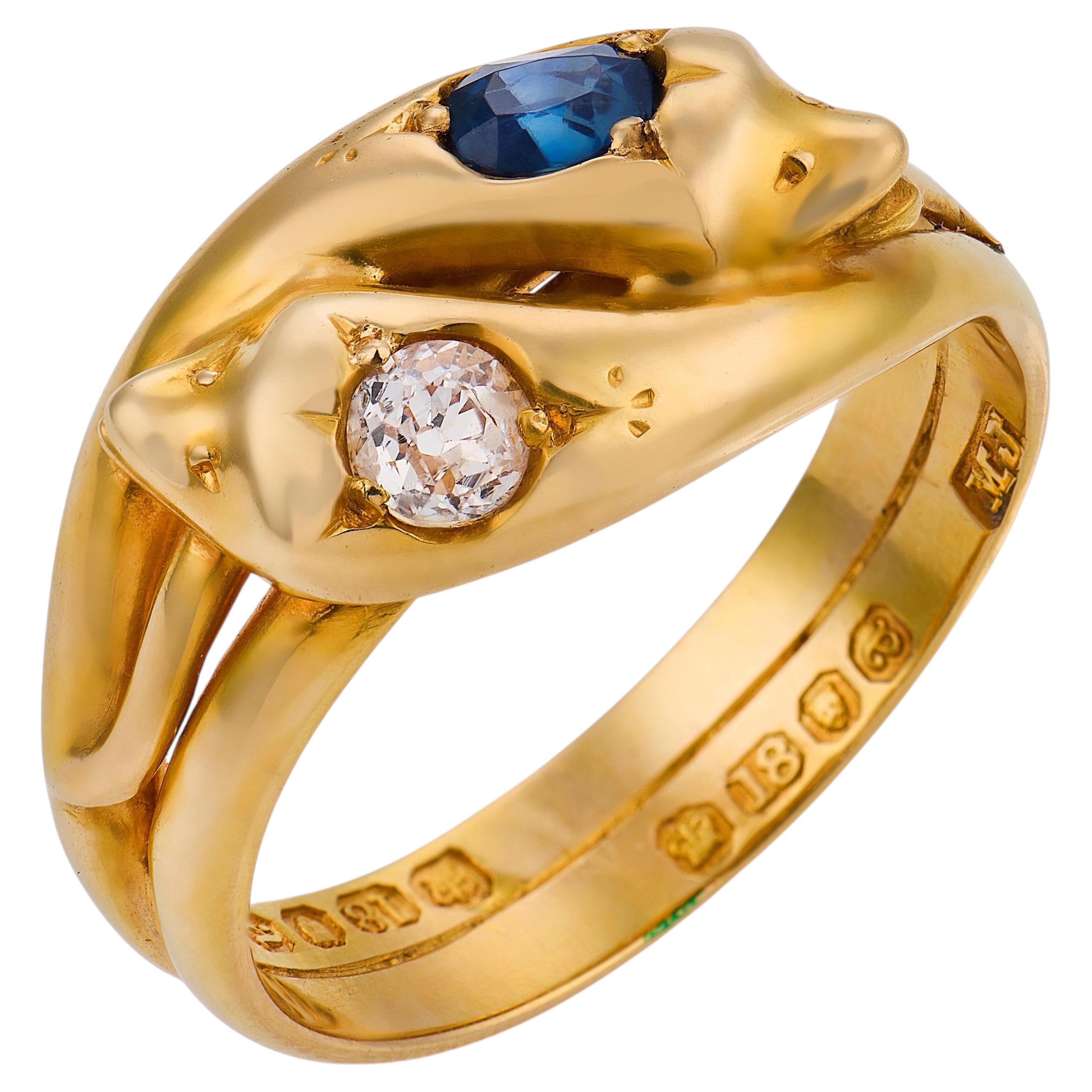 Bague victorienne en forme de serpent, en or jaune 18 carats, sertie de diamants et de saphirs en vente