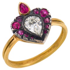 Victorian diamond ruby 18k yellow gold silver ring