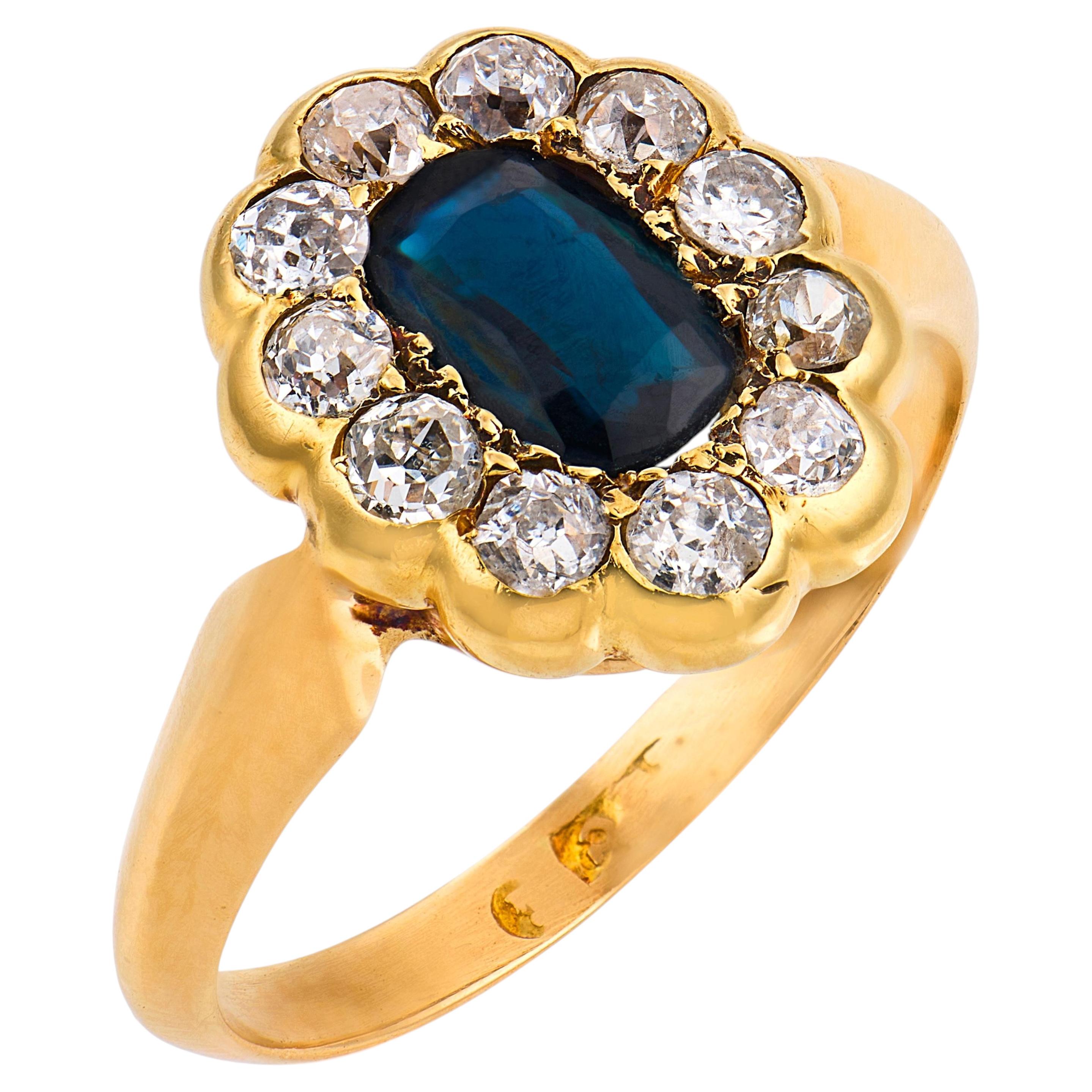 Victorian sapphire diamond 18k yellow gold cluster ring For Sale
