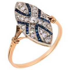 Edwardian diamond sapphire 18k yellow gold and silver navette ring