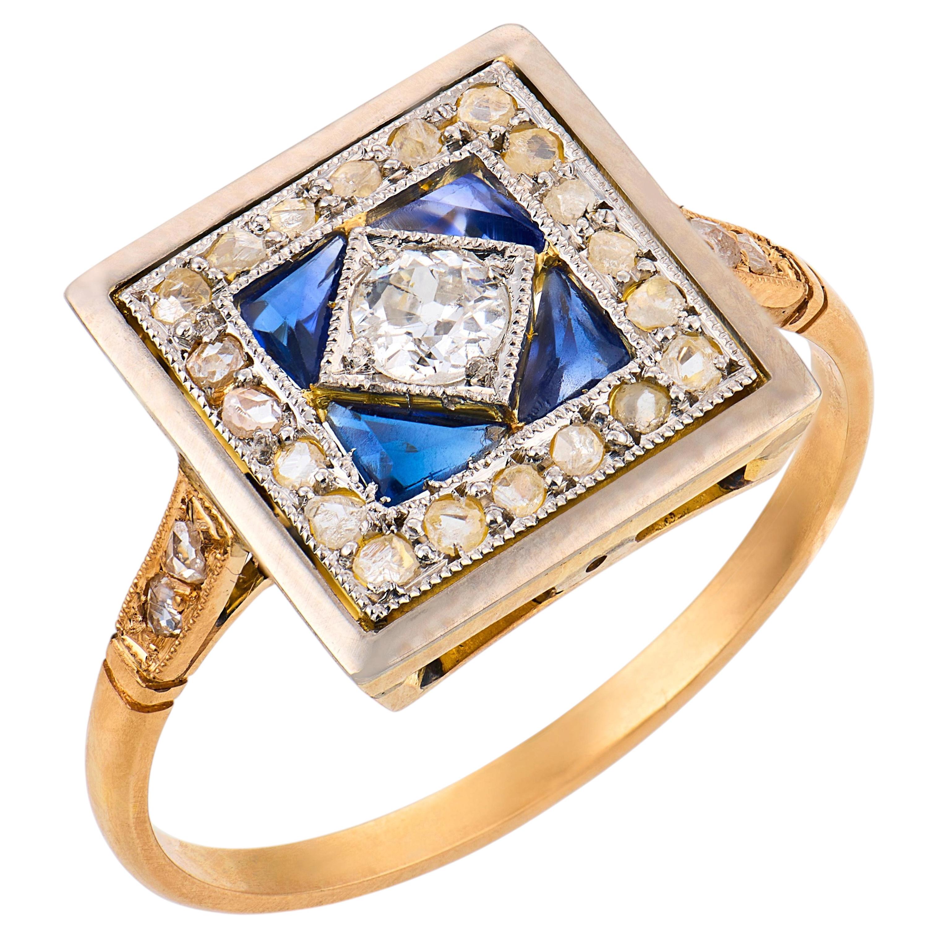 Bague édouardienne en or jaune 18 carats et platine, sertie de diamants et de saphirs