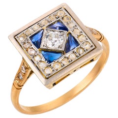 Anello edoardiano con diamanti e zaffiri, in oro giallo 18 carati e platino