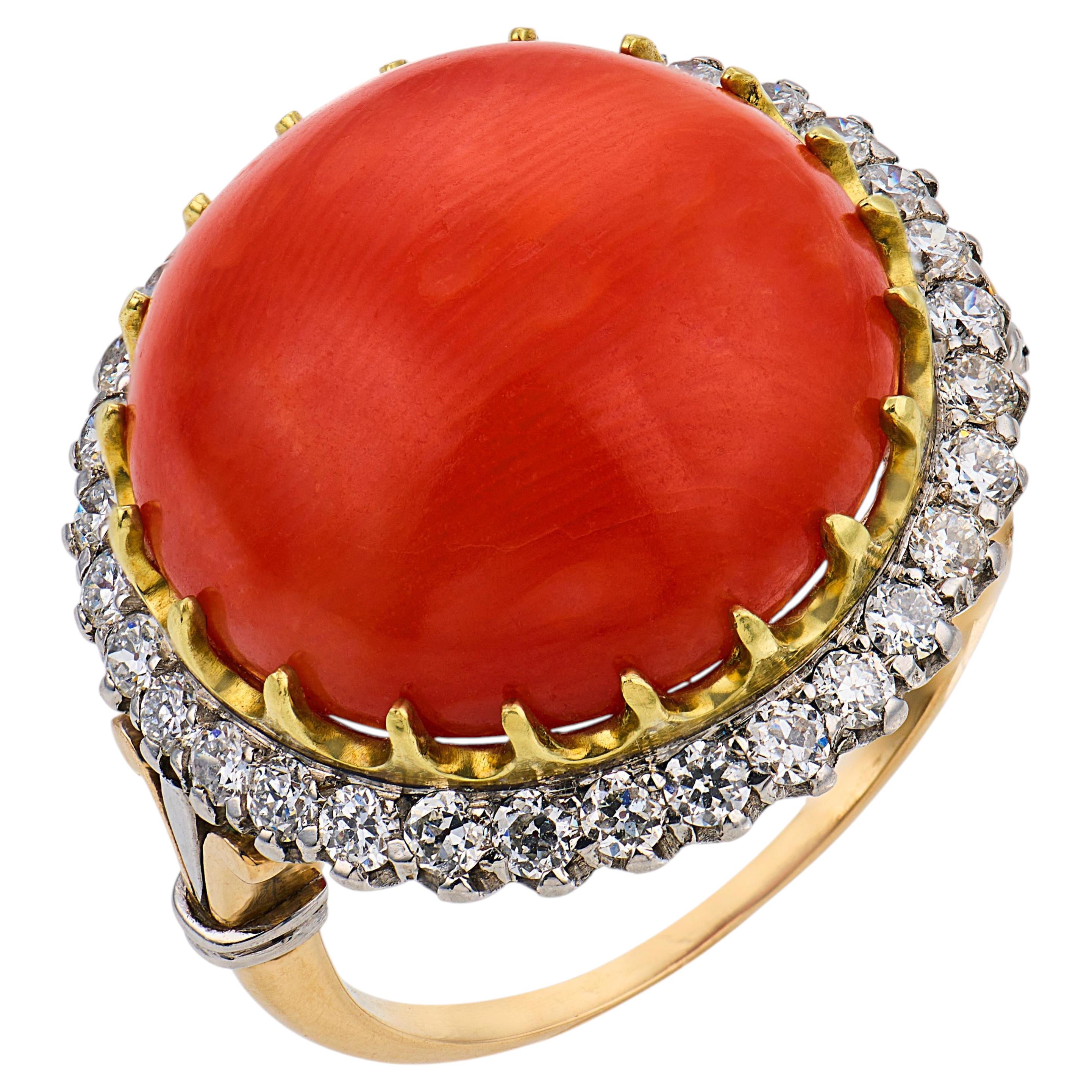 Edwardian coral diamond 18k yellow gold platinum ring For Sale