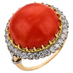 Edwardian coral diamond 18k yellow gold platinum ring