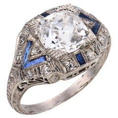 Art Deco GIA 2.04 carat old mine cut diamond sapphire platinum engagement ring