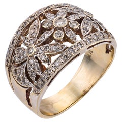 Vintage floral motif diamond 14k white gold band ring