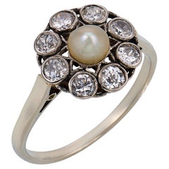 Anello Art Déco francese con perla e diamanti in oro bianco 18k