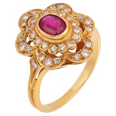 French vintage ruby diamond 18k yellow gold ring