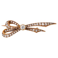 Victorian 14k Rose Gold Bow Brooch with Diamonds, Circa 1900