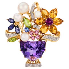 Vintage gemstone pearl diamond 14k yellow gold bouquet brooch