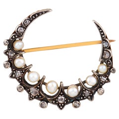 Victorian pearl diamond 18k yellow gold silver crescent brooch