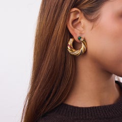 Vintage diamond gemstone 18k yellow gold large hoop earrings