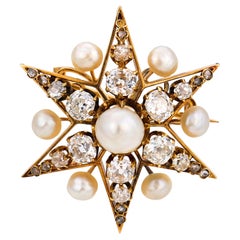 French Victorian pearl diamond 18k yellow gold star brooch