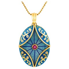 Victor Mayer ruby diamond 18k yellow gold and guilloché enamel locket necklace