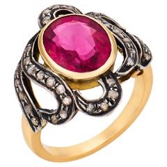 Bague victorienne en argent et or jaune 18 carats, sertie d'une tourmaline de 3,25 carats et d'un diamant