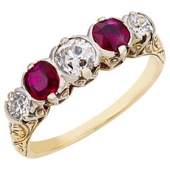 Bague victorienne en or jaune 14 carats, sertie de 5 pierres : diamants de taille européenne ancienne et rubis
