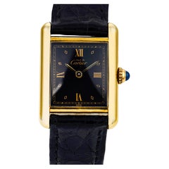 Cartier Paris gold plated with black leather strap buckle Tank watch