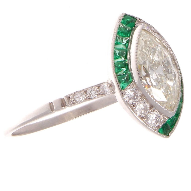 Marquise Diamond Emerald Platinum Engagement Ring For Sale ...