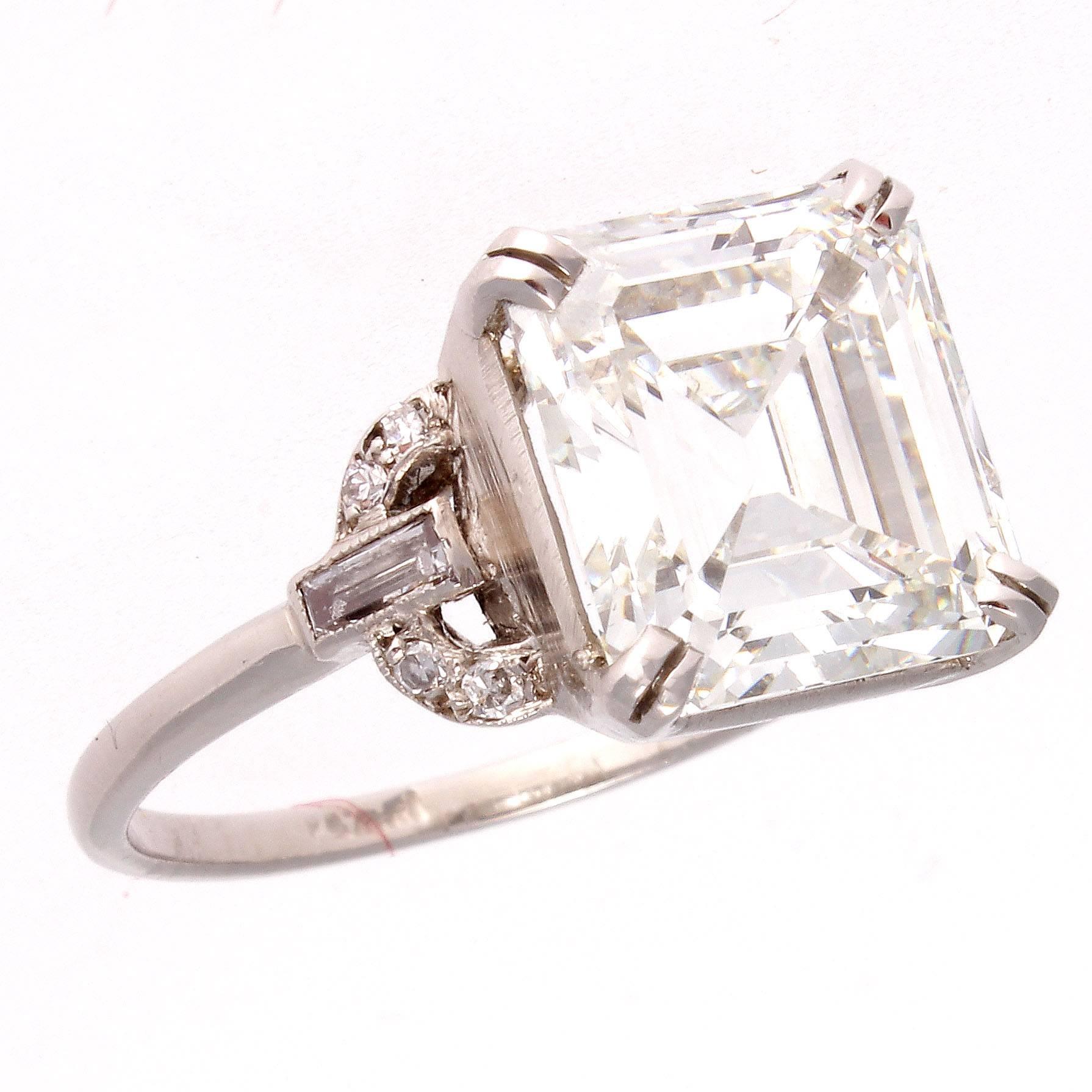 Art Deco GIA 4.12 Carat Emerald Cut Diamond Platinum Ring