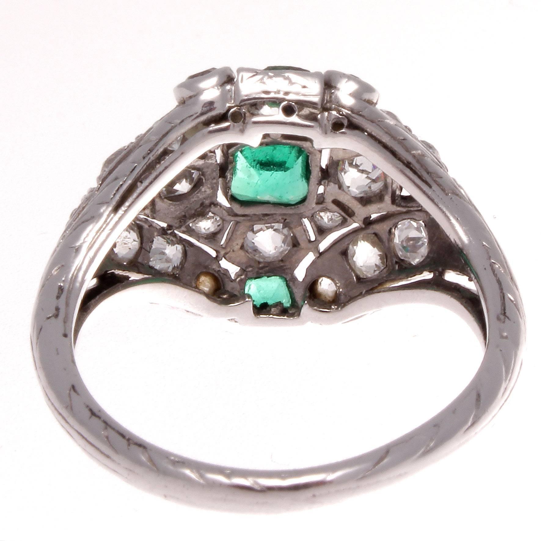Women's Art Deco Emerald Diamond Platinum Ring