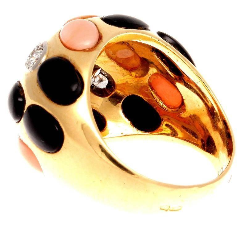 Coral Diamond Onyx Gold Dome Ring In Excellent Condition In Beverly Hills, CA