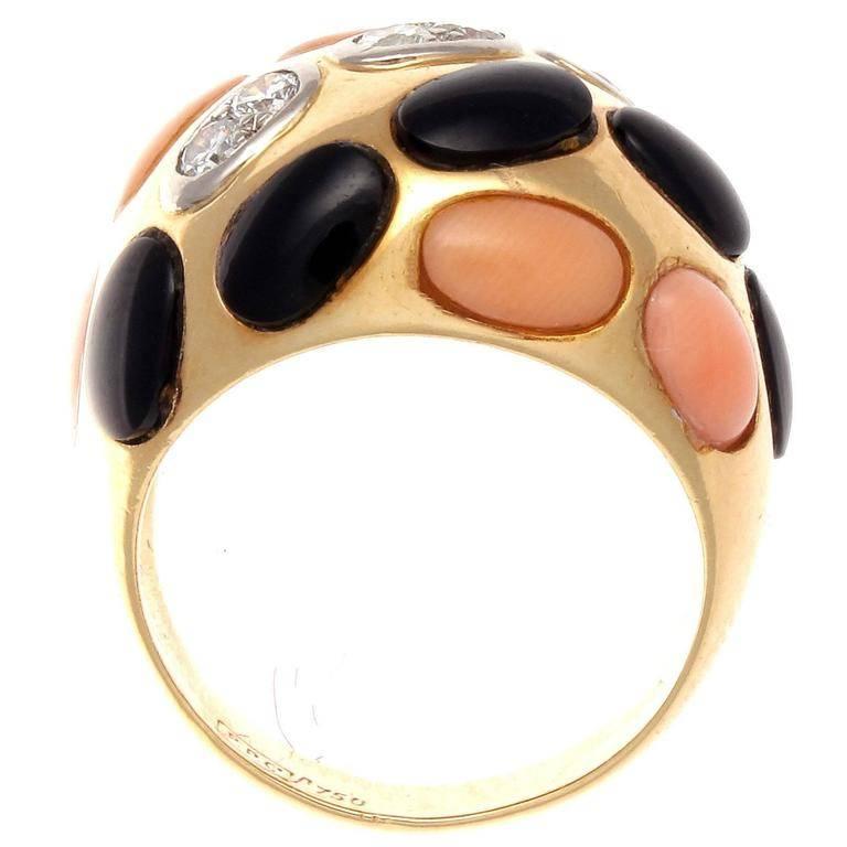 Women's Coral Diamond Onyx Gold Dome Ring