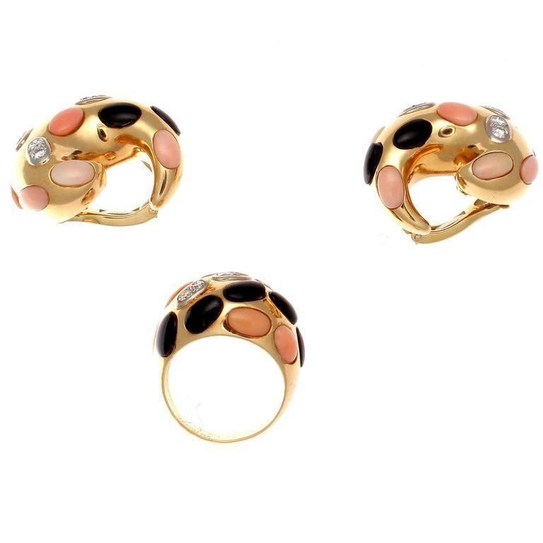 Coral Diamond Onyx Gold Dome Ring 2