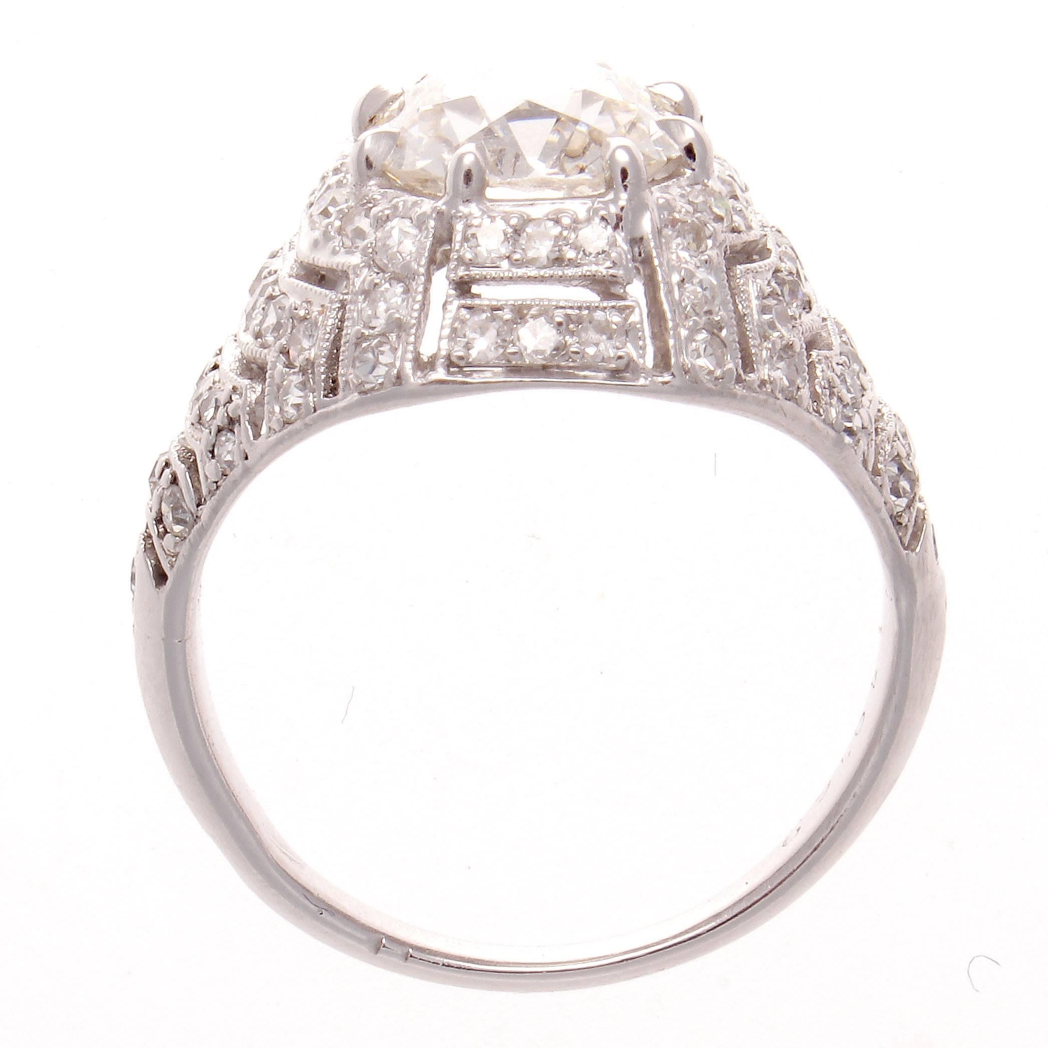 French Art Deco 2.13 Carat Cushion Cut Diamond Platinum Engagement Ring In Excellent Condition In Beverly Hills, CA