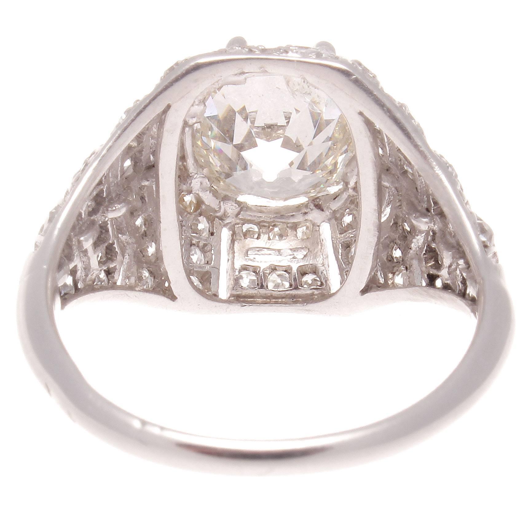 Women's French Art Deco 2.13 Carat Cushion Cut Diamond Platinum Engagement Ring