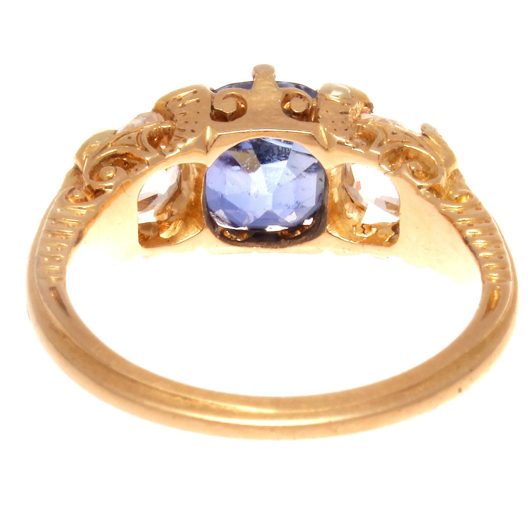 Victorian Three-Stone No Heat Ceylon Sapphire Diamond Gold Ring In Excellent Condition In Beverly Hills, CA