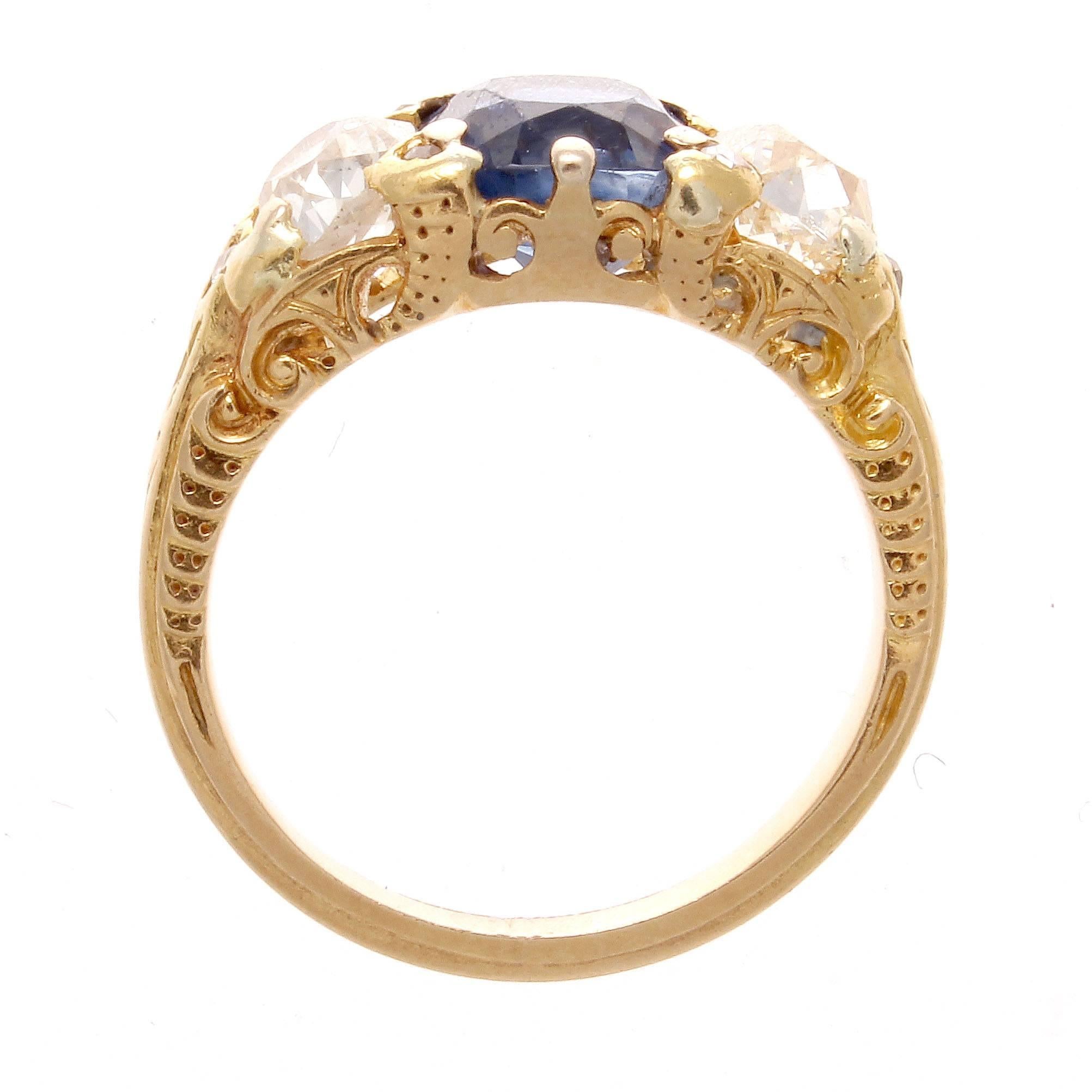 Women's Victorian Three-Stone No Heat Ceylon Sapphire Diamond Gold Ring