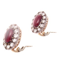 Antique Victorian Pink Garnet Diamond Gold Silver Cluster Earrings