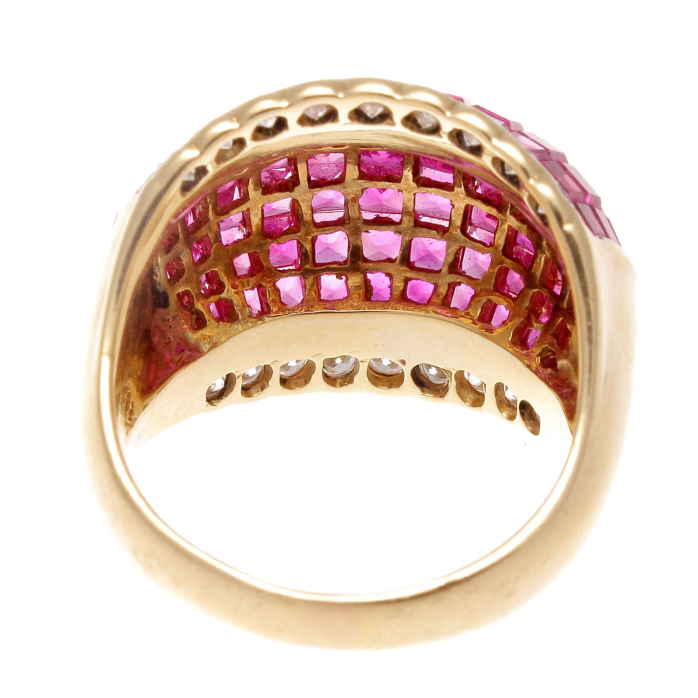 Mystery Set Ruby Diamond Gold Dome Ring In Excellent Condition In Beverly Hills, CA