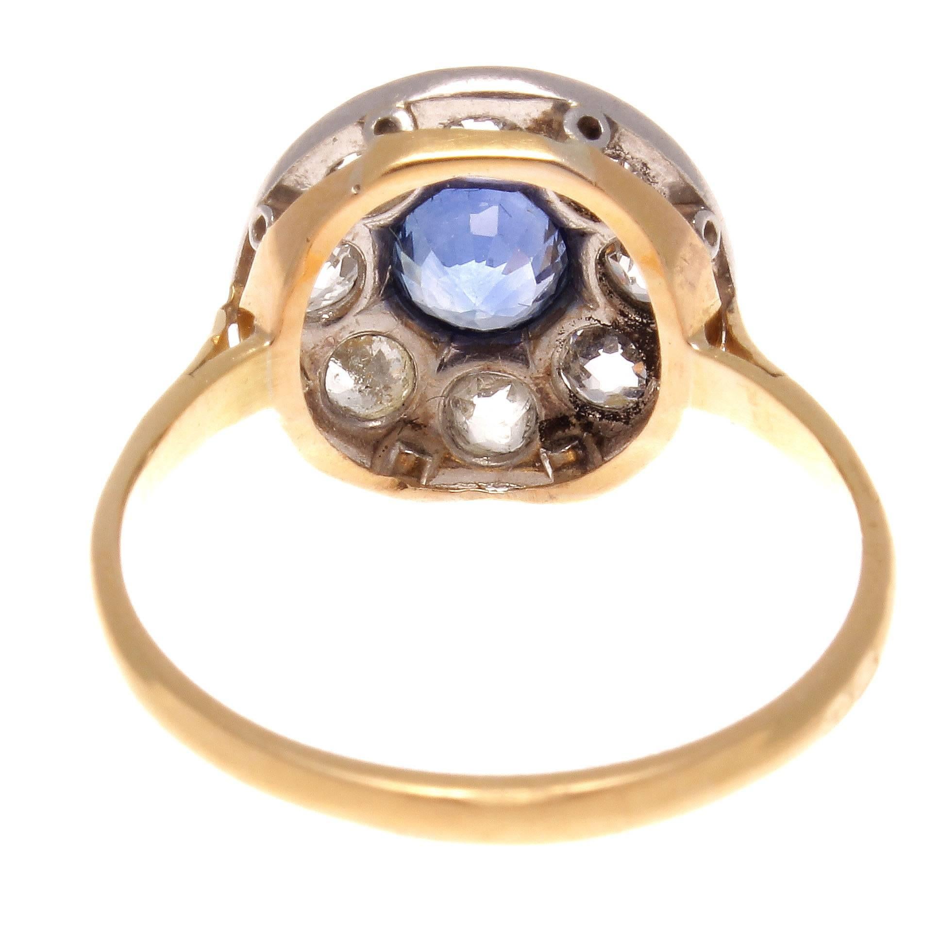 French 19th Century Sapphire Diamond Platinum Gold Cluster Ring In Excellent Condition In Beverly Hills, CA