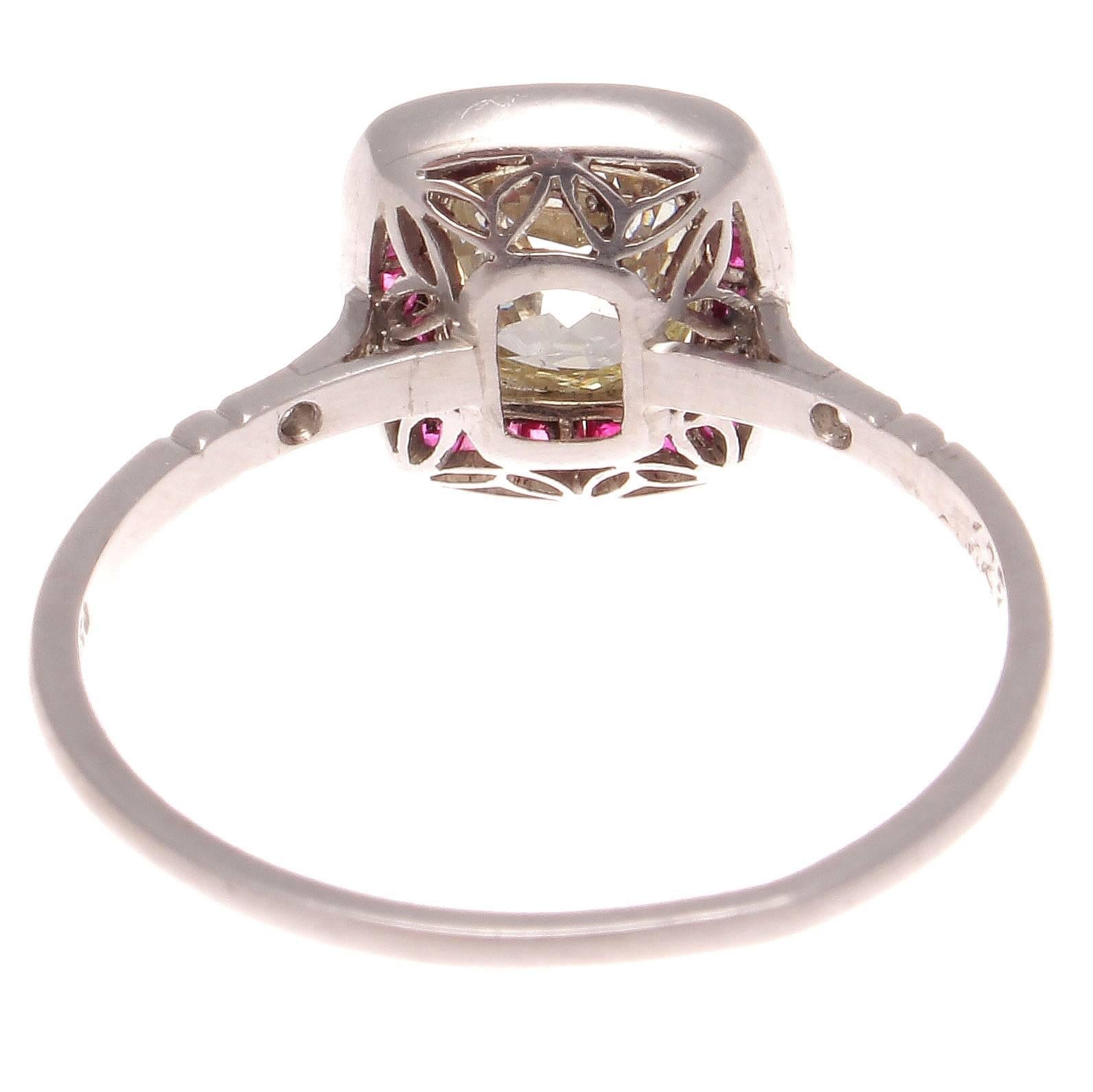 1.27 Carat Old Cushion Cut Diamond Ruby Platinum Ring In New Condition In Beverly Hills, CA