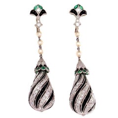 Retro Onyx Diamond Emerald Platinum Earrings