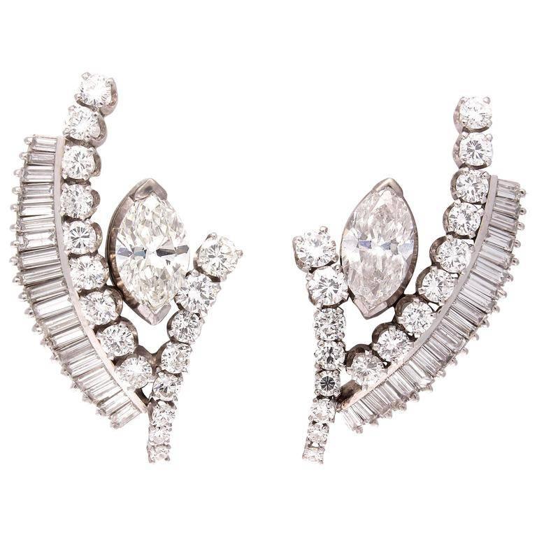 1950s Retro Diamond Platinum Earrings