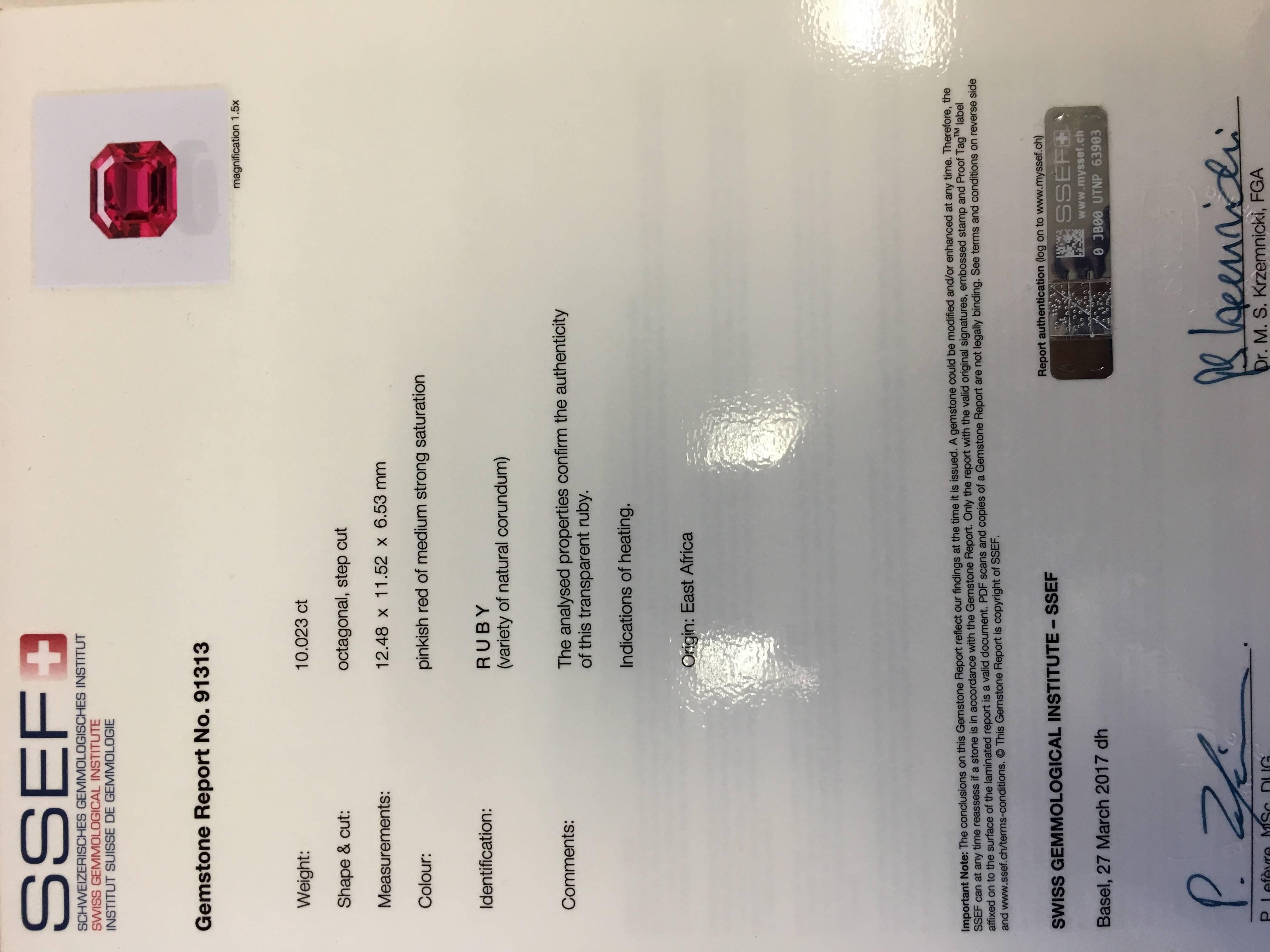 Women's SSEF Certified 10.02 Carat Ruby Diamond Platinum Ring